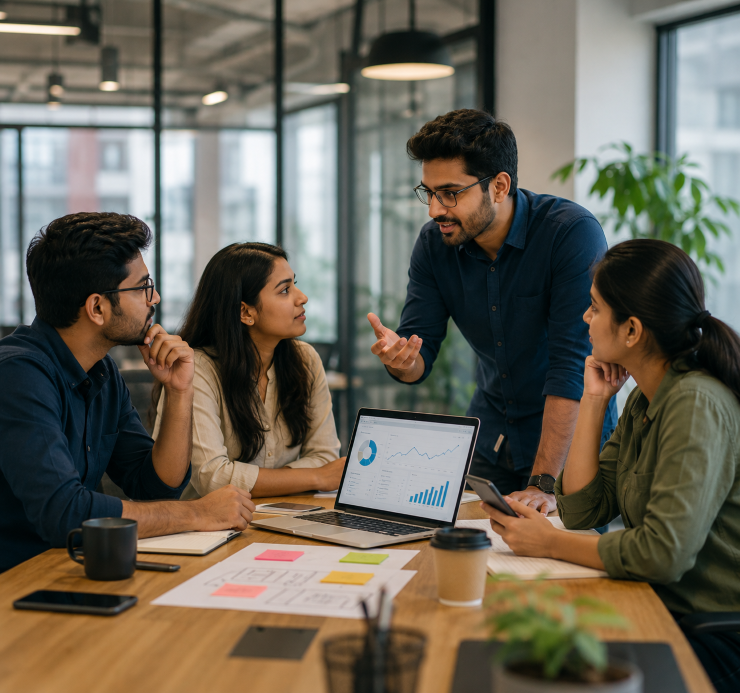 Indian startup team discussing digital marketing strategy and online growth