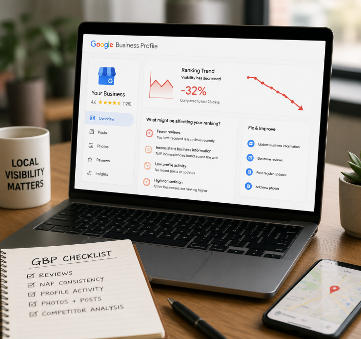 Laptop showing Google Business Profile ranking analysis with local SEO performance decline
