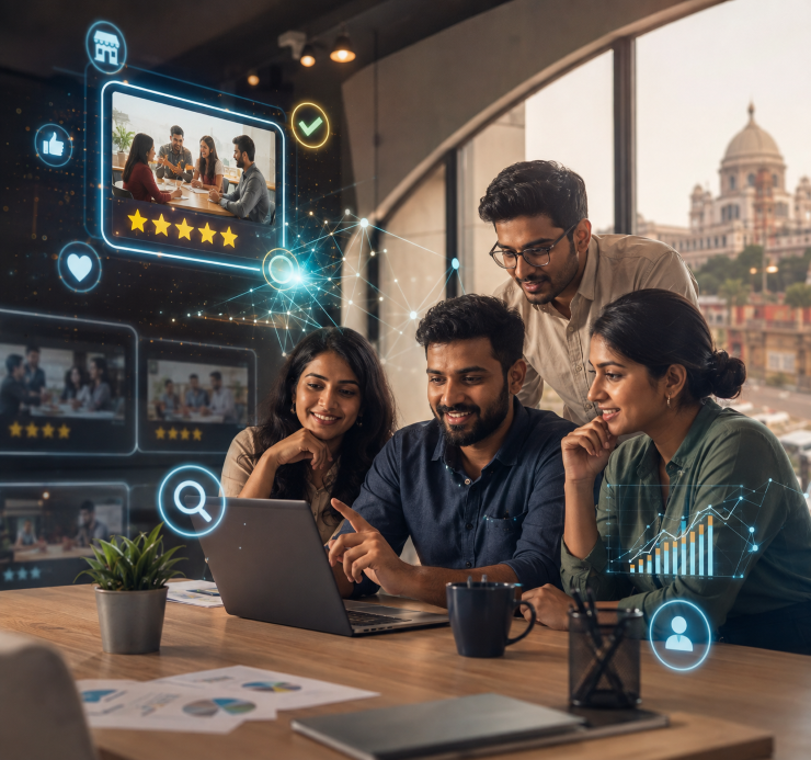 Indian digital marketing team using AI tools to improve business visibility and online marketing