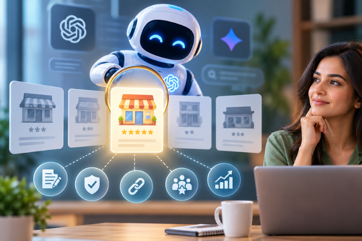 AI robot analyzing business profiles, reviews, trust signals and ratings to recommend the best business