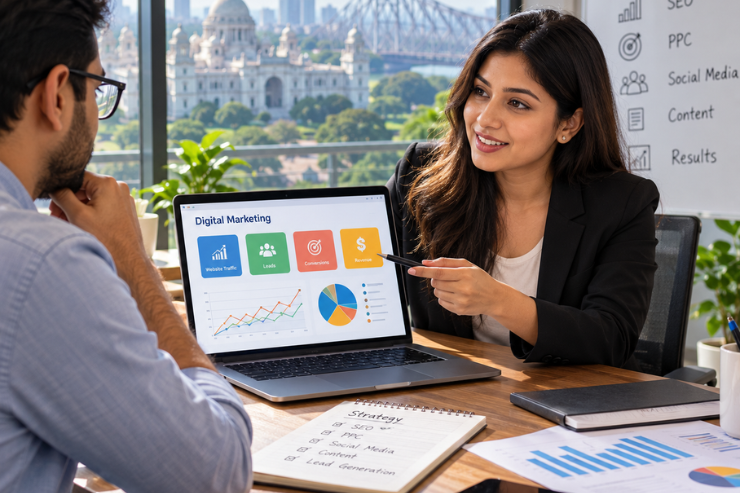 Digital marketing consultant discussing SEO, PPC, lead generation, and campaign performance with a business owner in a modern Kolkata office.